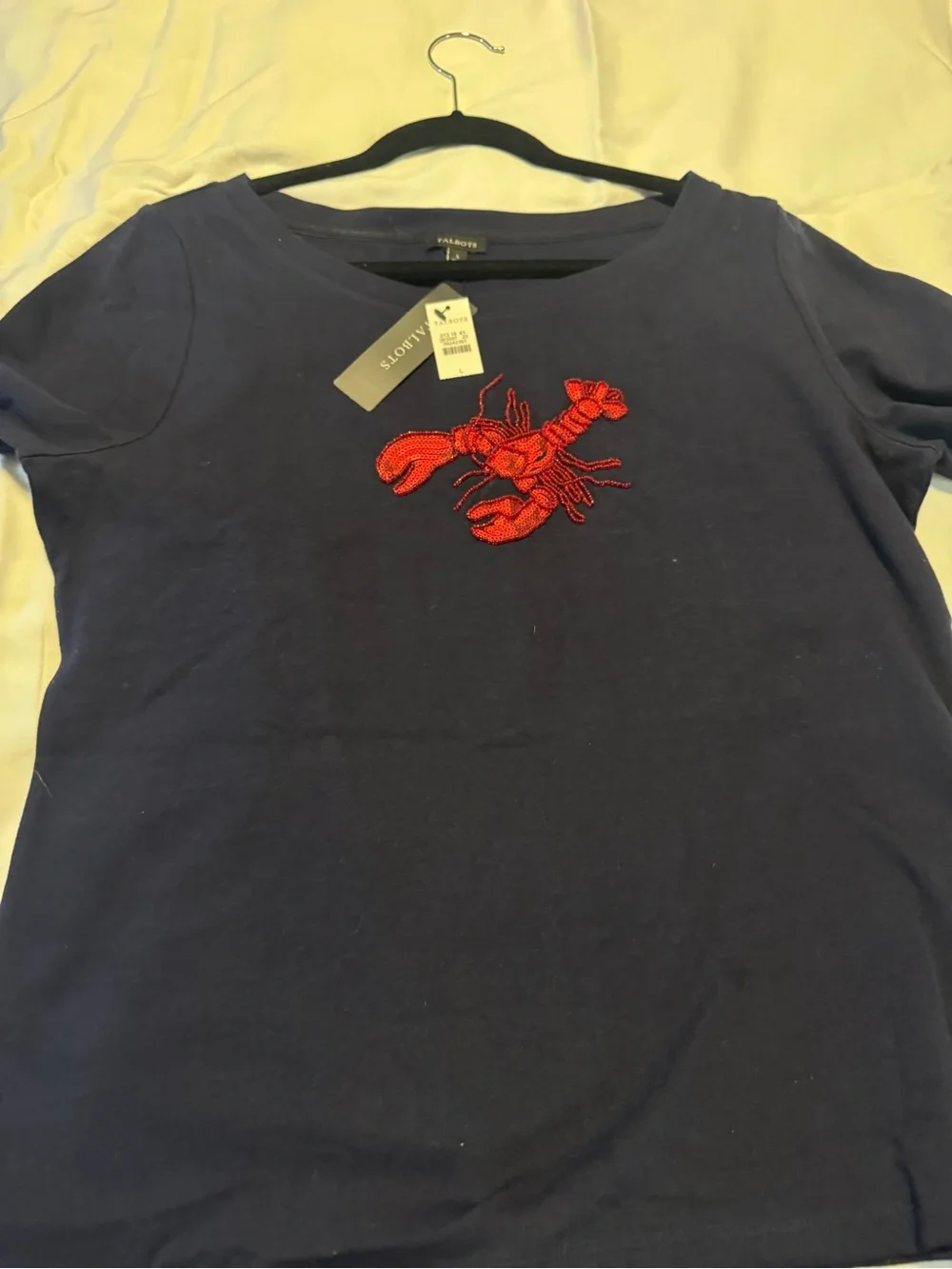 NWT Talbots Navy Crew Neck Top with Red Beaded Lobster L - Picture 3 of 4